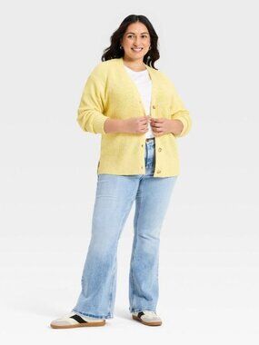 Ava & Viv Women's Textured Stitch Button Front Cardigan Sweater - Yellow